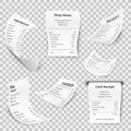 Realistic receipt. Cash register sales shopping receipts print paper supermarket check, payment invoice register set Royalty Free Stock Photo