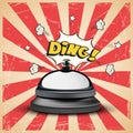 Realistic reception bell and Ding sign on striped comic book grunge background. Vector illustration.