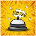 Realistic reception bell and Ding sign on striped comic book or manga style background. Vector illustration.