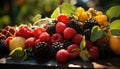 Realistic recreation of a still life fruit, red grapes, apple, pear, in a wood table at sunset outdoor Royalty Free Stock Photo