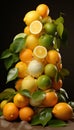 Realistic recreation of a vertical still life with citrus as oranges, lemons and limes