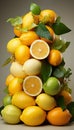 Realistic recreation of a vertical still life with citrus as oranges and limes