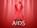 Realistic red AIDS ribbon. World AIDS day concept on red background with light effect. Vector illustration.