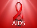 Realistic red AIDS ribbon. World AIDS day concept on red background with light effect. Vector illustration.