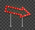 Realistic red arrow signage with yellow light bulbs pointed right and down. Show sign banner template with shadow