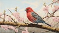 Realistic Red Bird Painting With Pink Blossoms Royalty Free Stock Photo