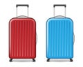 Realistic red and blue large travel plastic suitcase. polycarbonate suitcase with wheels isolated on white. Traveler Royalty Free Stock Photo