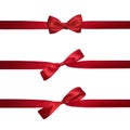 Realistic red bow with horizontal red ribbons isolated on white. Element for decoration gifts, greetings, holidays. Vector