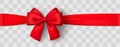 Realistic red bow and ribbon. Christmas shiny red satin ribbon. New year gift. Decorative red satin ribbon and bow with shadow on