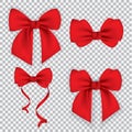 Realistic red bow and ribbon isolated on transparent background. Template for greeting card, poster or brochure. Vector Royalty Free Stock Photo