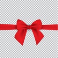 Realistic red bow and ribbon isolated on transparent background. Template for greeting card, poster or brochure. Vector Royalty Free Stock Photo