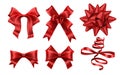 Realistic red bows. Decorative xmas gift ribbon bow, christmas or romance decoration elements vector illustration set Royalty Free Stock Photo