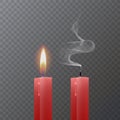 Realistic red candle, Burning red candle and an extinct candle on dark background, vector illustration