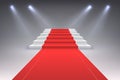 Realistic red carpet. Vip spotlight event stairs, award entrance ceremony staircase to success. Luxury red carpet Royalty Free Stock Photo