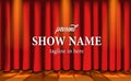 Realistic red curtain stage show at theater with wood floor and lightning Royalty Free Stock Photo