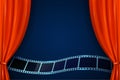 Realistic red curtains with film reel on theater stage. Cinema movie background. Open curtains as template movie presentation, Royalty Free Stock Photo