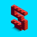 Realistic red 3d isometric number 5 of the alphabet from constructor lego bricks.