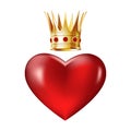 Realistic red elegant heart with golden crown queen. Happy valentines day card