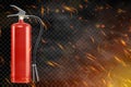 Realistic red extinguisher isolated on burning background. Portable fire extinguishing equipment from fire department. Royalty Free Stock Photo