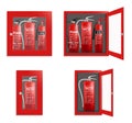 Fire extinguisher in cabinet set, vector isolated illustration Royalty Free Stock Photo