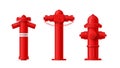 Realistic red fire hydrants set vector illustration. Collection active flame protection devices