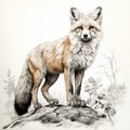 Realistic Red Fox Illustration: Detailed Ink Drawing Of A Fox In The Forest Royalty Free Stock Photo