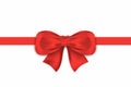 Realistic red gift bow with horizontal ribbon. Decorative satin gift bow isolated on white background