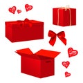 Realistic red gift boxes set for valentine`s day designs. Box tied with red ribbon and bow or rope. Royalty Free Stock Photo