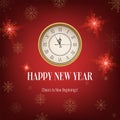 Realistic red Happy New Year banner, featuring a clock and snowflakes. Gold and Christmas themed decorations. Suitable for Royalty Free Stock Photo