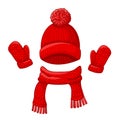 Realistic red hat with a pompom, scarf and mitten set knitted seasonal winter