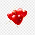 Realistic red hearts with golden confetti isolated on transparent background. Vector illustration. 3D decorative objects Royalty Free Stock Photo