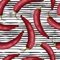 Realistic red hot chili peppers seamless pattern on doodle line background