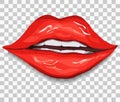 Realistic, red lips isolated on a transparent background. a woman`s kiss, hand-drawn, in the style of doodles. lipstick gloss,