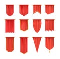 Realistic red pennant textile flag, heraldic template. Wall pennat mockup