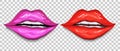 Realistic, red, pink lips isolated on a transparent background. a woman`s kiss, hand-drawn, in the style of doodles. lipstick