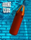 Realistic red punching bag for sports training on background of brick wall with abstract blots. Boxing club poster. Training