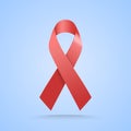 Realistic red ribbon. World aids day symbol on blue background. Vector illustration