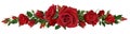 Realistic red roses border. Flower blossom elements, beautiful leaves and burgeon floral composition for wedding card