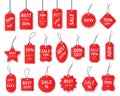 Realistic red sale labels, discount price tags mockups. Paper gift label with rope, promotional sales hanging tag vector Royalty Free Stock Photo