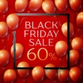 Realistic Red shiny balloons with black ribbon with inscription in centre Black Friday Sale Sixty percent for discount