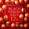 Realistic Red shiny balloons with black ribbon with inscription in centre Black Friday Sale Twelve percent for discount