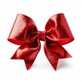 Realistic red sparkly glitter party gift bow decoration against a white background Royalty Free Stock Photo
