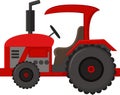 Realistic red tractor icon, logo, shape with big wheels isolated with smoke on white background