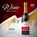 Realistic red wine bottle poster. 3d isolated glass packaging alcoholic beverage, designer label, grape alcohol Royalty Free Stock Photo