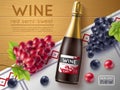 Realistic red wine with grape poster. Noble alcoholic drink in glass bottle, several varieties mix on wooden background