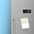 Realistic refrigerator door with blank note on magnet vector paper sticky for message, to do list Royalty Free Stock Photo