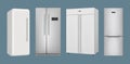 Realistic refrigerators. Kitchen household equipment for modern interior frozen wardrobe with closed and opening doors Royalty Free Stock Photo