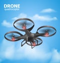 Realistic remote air drone quadrocopter flying in the sky and monitoring security. Isomertic view. Vector illustration