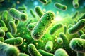 Realistic rendering of bacteria - in green colors. A microscopic view of micro objects with depth of field