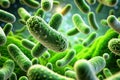 Realistic rendering of bacteria - in green colors. A microscopic view of micro objects with depth of field
